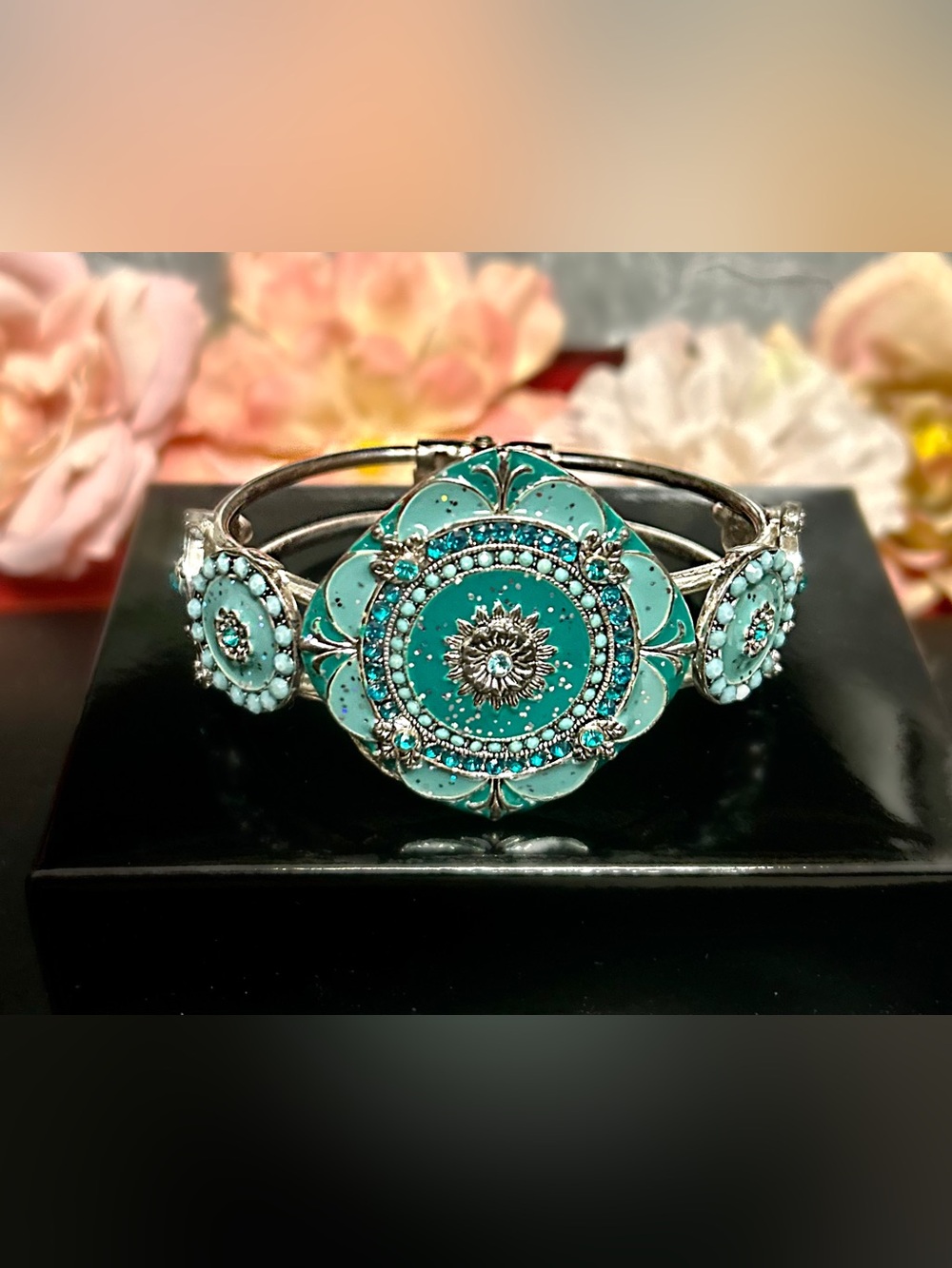 Hinged Teal Floral Medallion Bracelet -